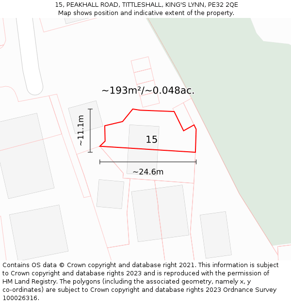 15, PEAKHALL ROAD, TITTLESHALL, KING'S LYNN, PE32 2QE: Plot and title map