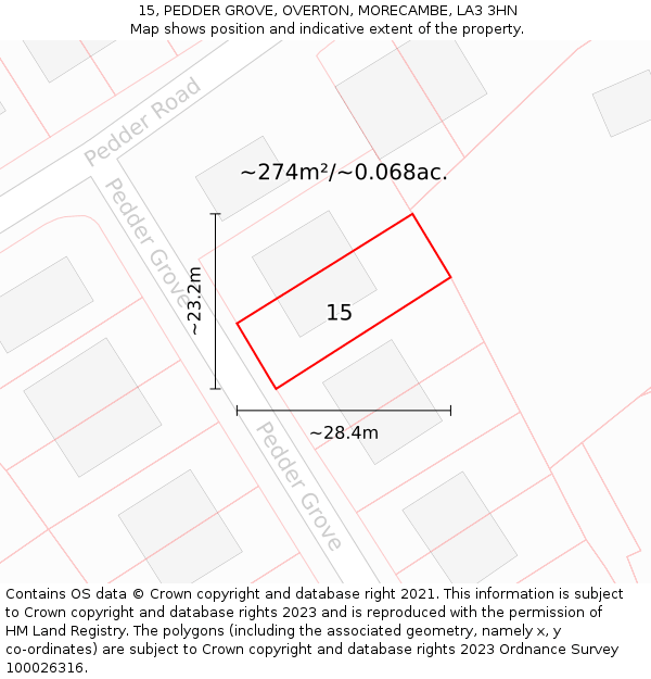 15, PEDDER GROVE, OVERTON, MORECAMBE, LA3 3HN: Plot and title map