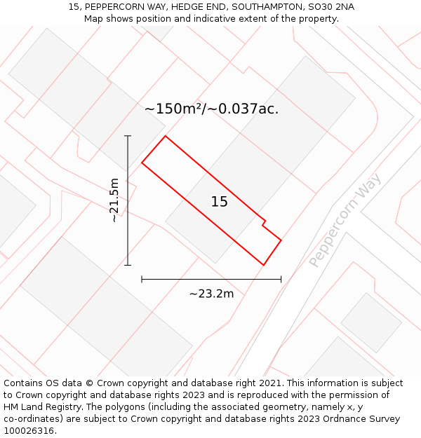 15, PEPPERCORN WAY, HEDGE END, SOUTHAMPTON, SO30 2NA: Plot and title map