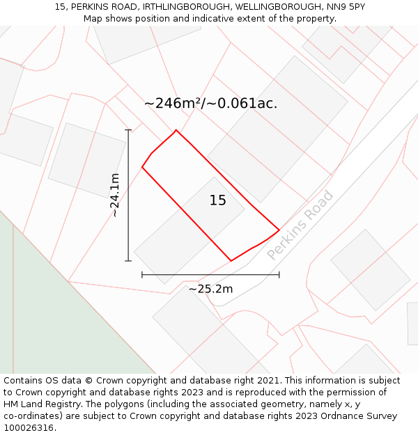 15, PERKINS ROAD, IRTHLINGBOROUGH, WELLINGBOROUGH, NN9 5PY: Plot and title map