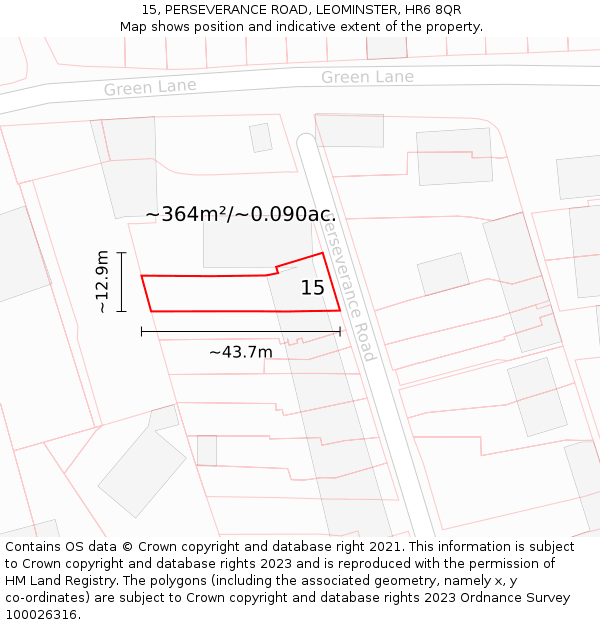 15, PERSEVERANCE ROAD, LEOMINSTER, HR6 8QR: Plot and title map