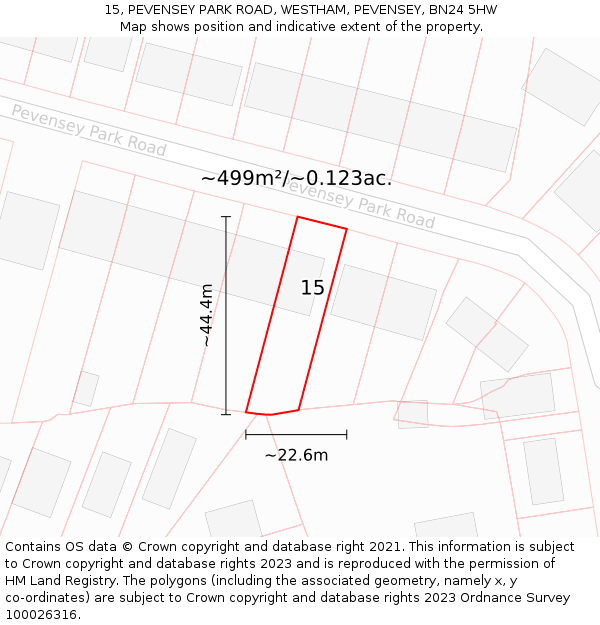 15, PEVENSEY PARK ROAD, WESTHAM, PEVENSEY, BN24 5HW: Plot and title map