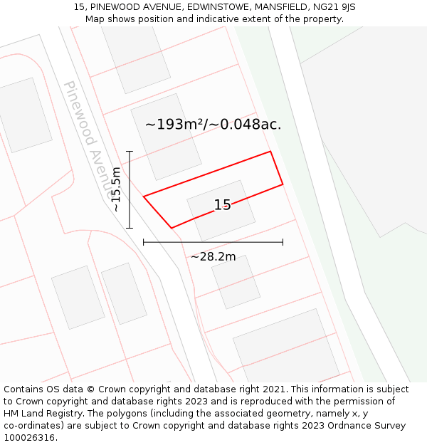 15, PINEWOOD AVENUE, EDWINSTOWE, MANSFIELD, NG21 9JS: Plot and title map