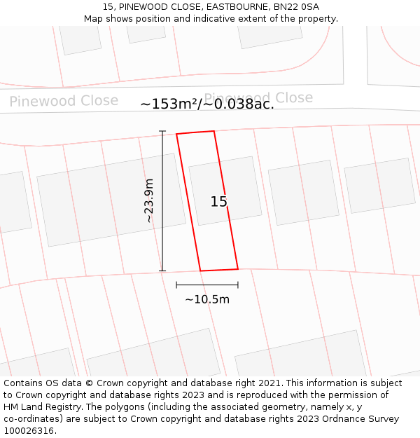 15, PINEWOOD CLOSE, EASTBOURNE, BN22 0SA: Plot and title map