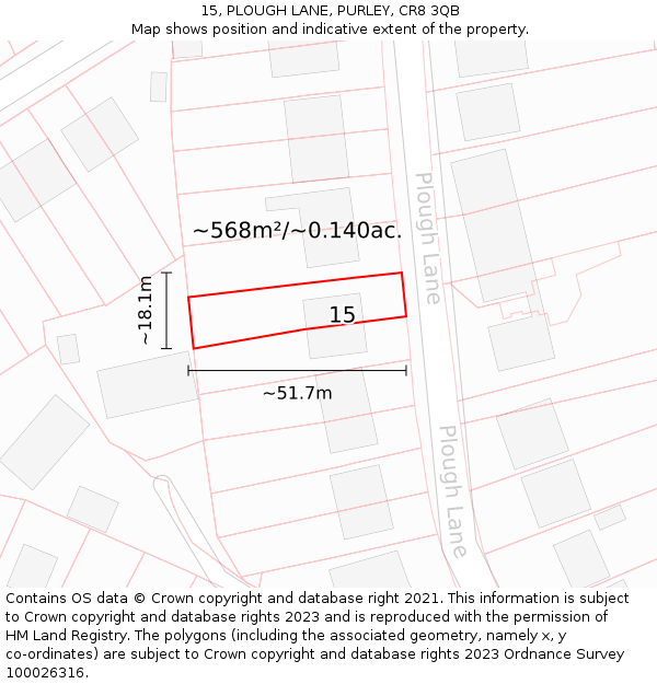 15, PLOUGH LANE, PURLEY, CR8 3QB: Plot and title map