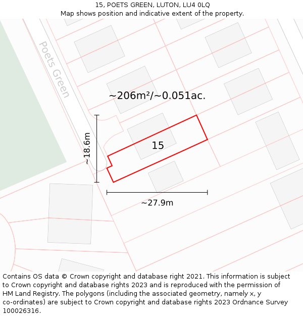 15, POETS GREEN, LUTON, LU4 0LQ: Plot and title map