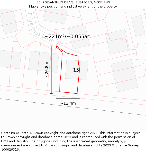 15, POLYANTHUS DRIVE, SLEAFORD, NG34 7HS: Plot and title map