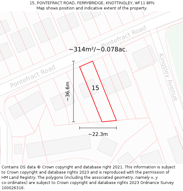 15, PONTEFRACT ROAD, FERRYBRIDGE, KNOTTINGLEY, WF11 8PN: Plot and title map