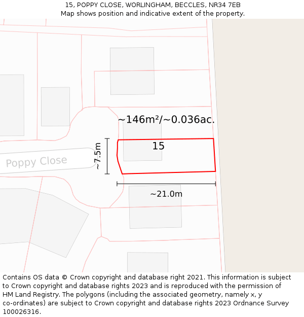 15, POPPY CLOSE, WORLINGHAM, BECCLES, NR34 7EB: Plot and title map