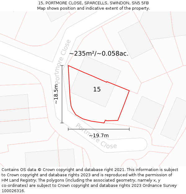 15, PORTMORE CLOSE, SPARCELLS, SWINDON, SN5 5FB: Plot and title map