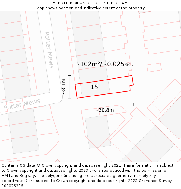 15, POTTER MEWS, COLCHESTER, CO4 5JG: Plot and title map