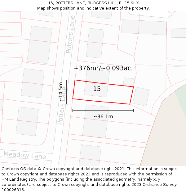 15, POTTERS LANE, BURGESS HILL, RH15 9HX: Plot and title map