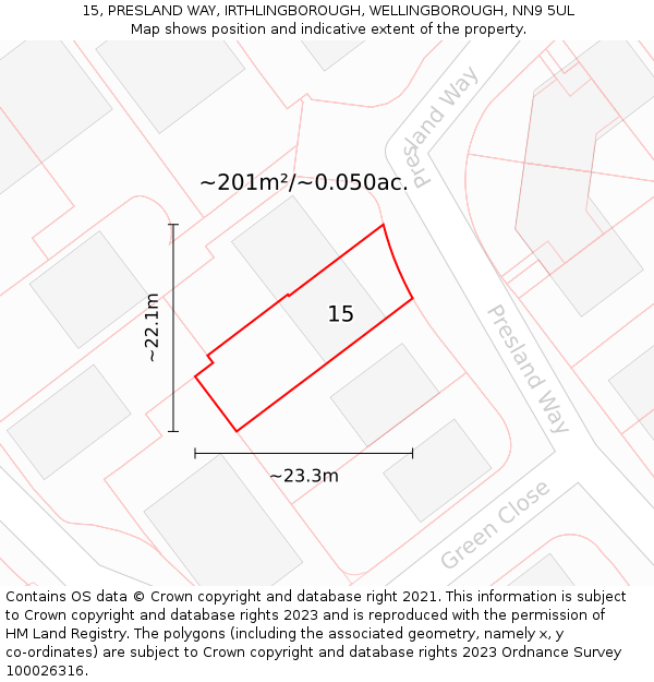 15, PRESLAND WAY, IRTHLINGBOROUGH, WELLINGBOROUGH, NN9 5UL: Plot and title map