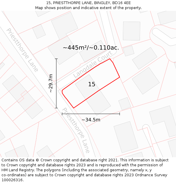 15, PRIESTTHORPE LANE, BINGLEY, BD16 4EE: Plot and title map