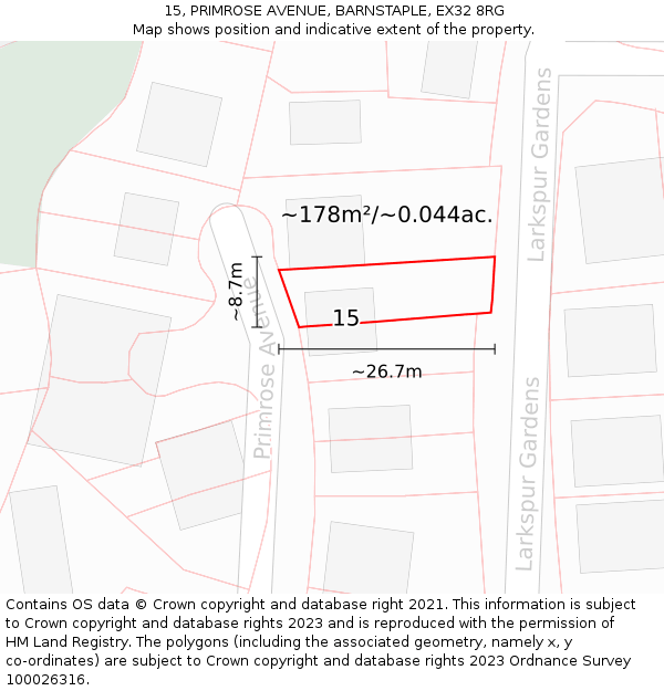 15, PRIMROSE AVENUE, BARNSTAPLE, EX32 8RG: Plot and title map