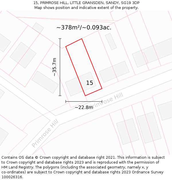 15, PRIMROSE HILL, LITTLE GRANSDEN, SANDY, SG19 3DP: Plot and title map