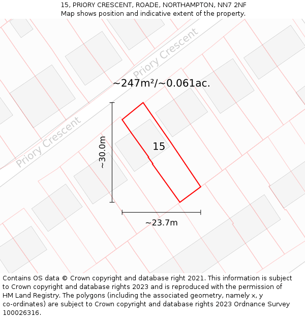 15, PRIORY CRESCENT, ROADE, NORTHAMPTON, NN7 2NF: Plot and title map