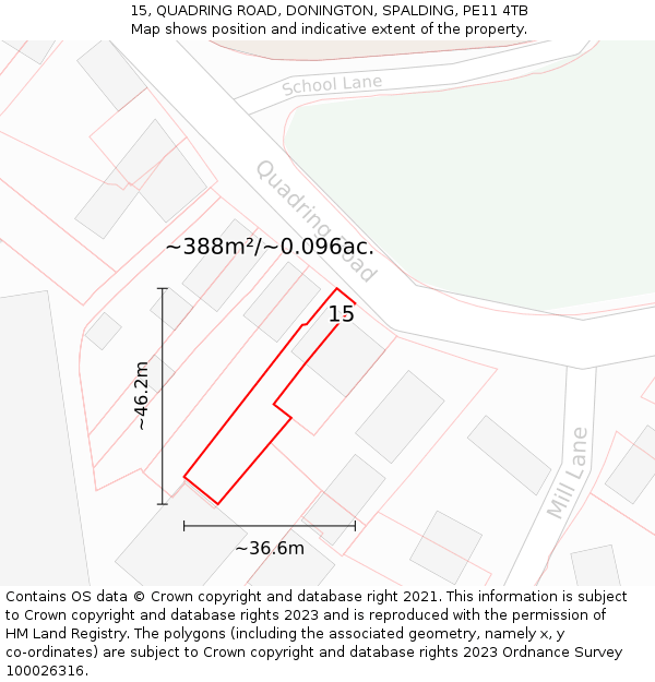 15, QUADRING ROAD, DONINGTON, SPALDING, PE11 4TB: Plot and title map