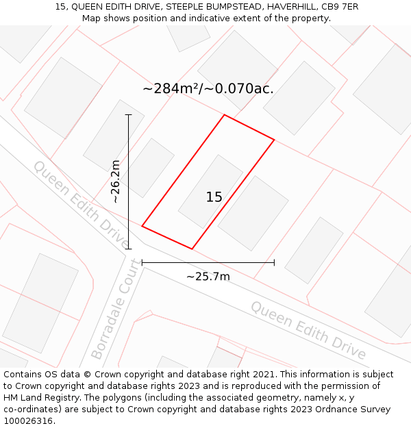 15, QUEEN EDITH DRIVE, STEEPLE BUMPSTEAD, HAVERHILL, CB9 7ER: Plot and title map