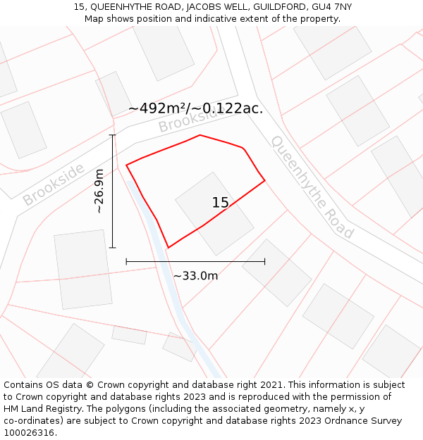 15, QUEENHYTHE ROAD, JACOBS WELL, GUILDFORD, GU4 7NY: Plot and title map