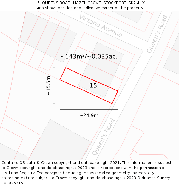 15, QUEENS ROAD, HAZEL GROVE, STOCKPORT, SK7 4HX: Plot and title map