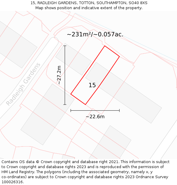 15, RADLEIGH GARDENS, TOTTON, SOUTHAMPTON, SO40 8XS: Plot and title map