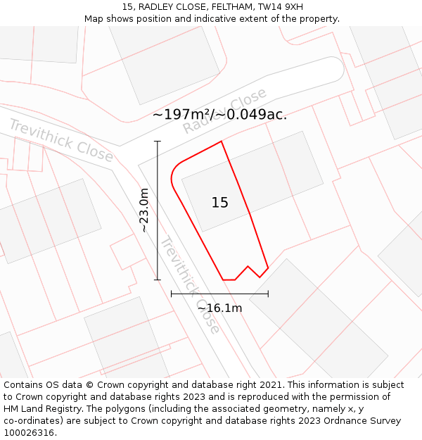 15, RADLEY CLOSE, FELTHAM, TW14 9XH: Plot and title map