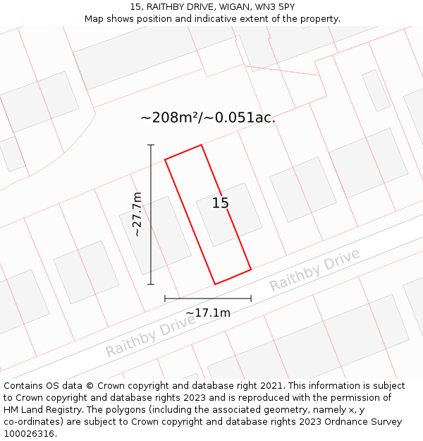 15, RAITHBY DRIVE, WIGAN, WN3 5PY: Plot and title map