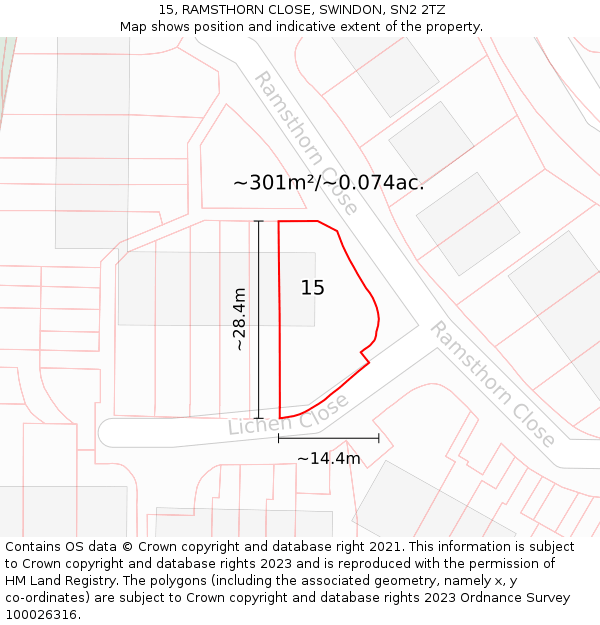 15, RAMSTHORN CLOSE, SWINDON, SN2 2TZ: Plot and title map