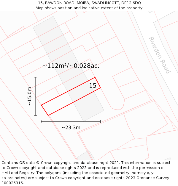 15, RAWDON ROAD, MOIRA, SWADLINCOTE, DE12 6DQ: Plot and title map