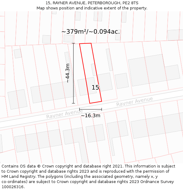 15, RAYNER AVENUE, PETERBOROUGH, PE2 8TS: Plot and title map