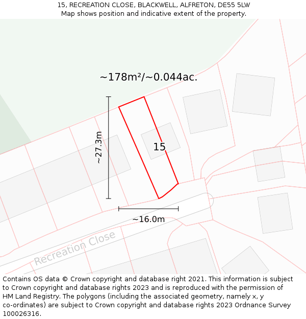 15, RECREATION CLOSE, BLACKWELL, ALFRETON, DE55 5LW: Plot and title map