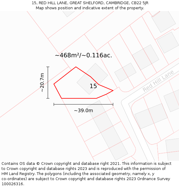 15, RED HILL LANE, GREAT SHELFORD, CAMBRIDGE, CB22 5JR: Plot and title map