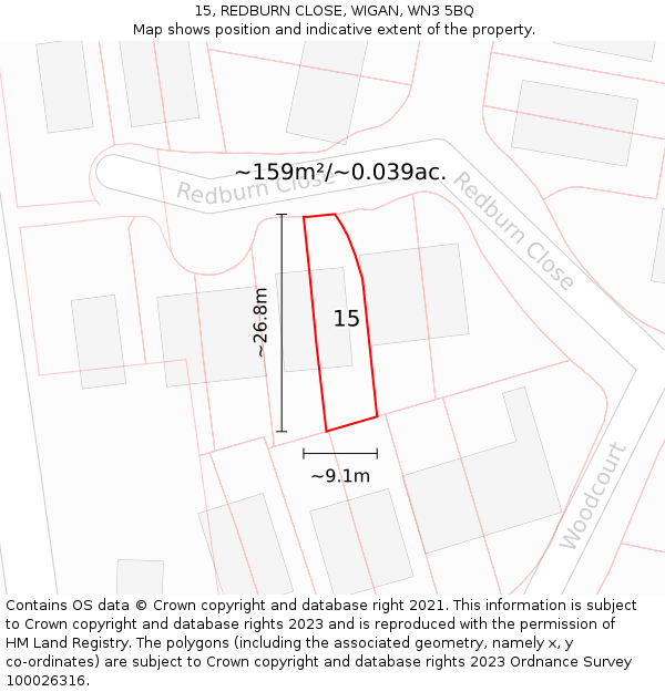 15, REDBURN CLOSE, WIGAN, WN3 5BQ: Plot and title map