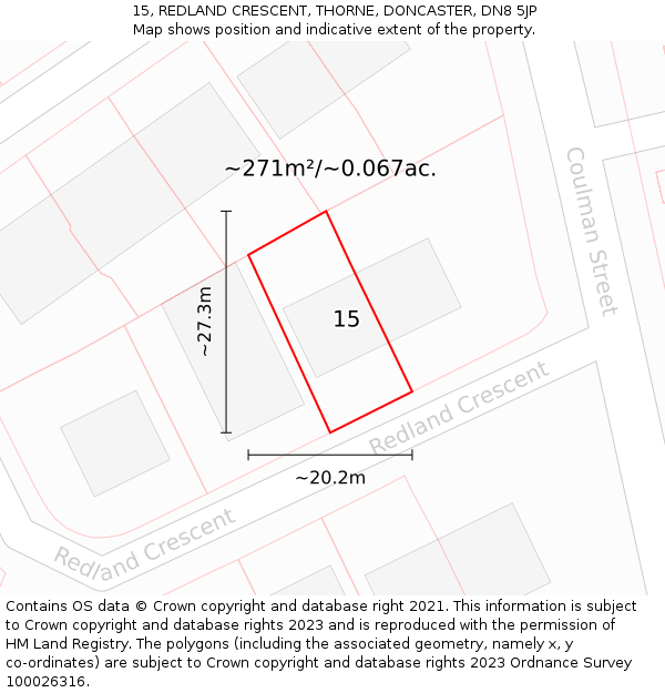 15, REDLAND CRESCENT, THORNE, DONCASTER, DN8 5JP: Plot and title map