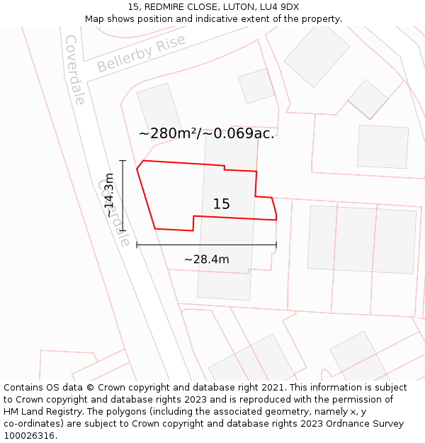 15, REDMIRE CLOSE, LUTON, LU4 9DX: Plot and title map