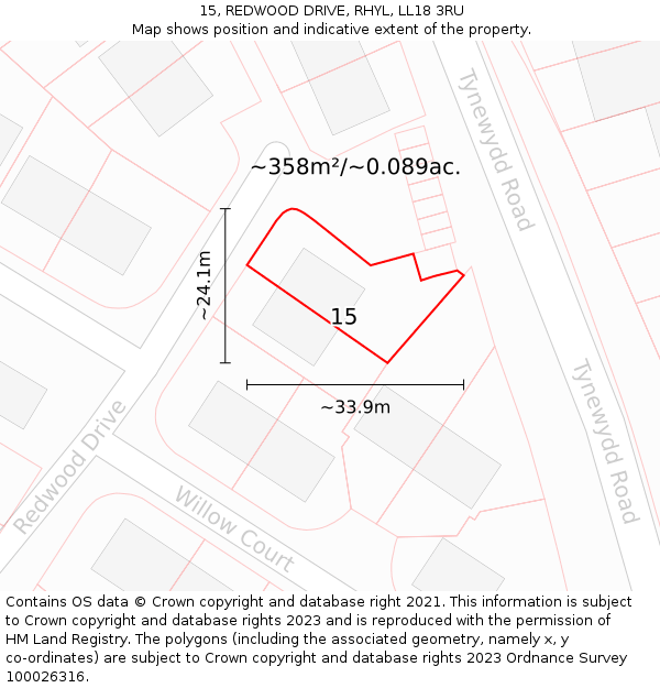 15, REDWOOD DRIVE, RHYL, LL18 3RU: Plot and title map