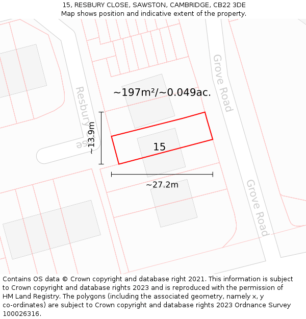 15, RESBURY CLOSE, SAWSTON, CAMBRIDGE, CB22 3DE: Plot and title map