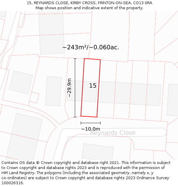 15, REYNARDS CLOSE, KIRBY CROSS, FRINTON-ON-SEA, CO13 0RA: Plot and title map