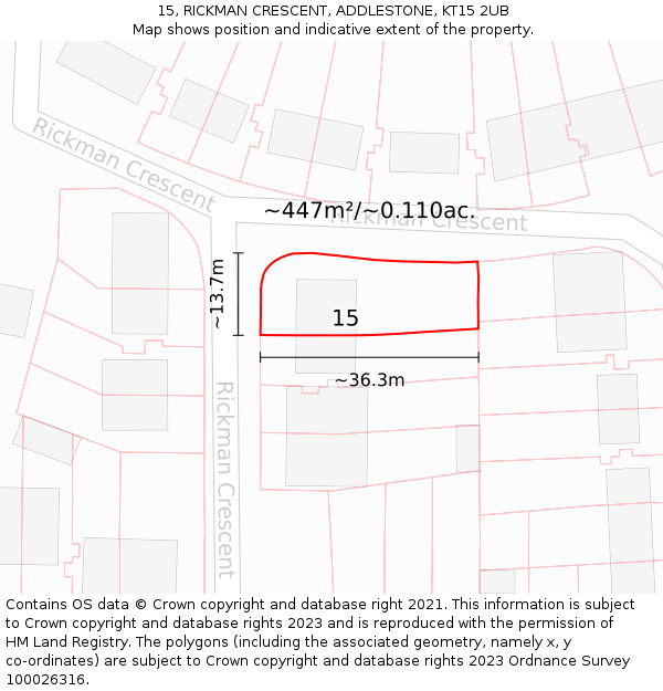 15, RICKMAN CRESCENT, ADDLESTONE, KT15 2UB: Plot and title map