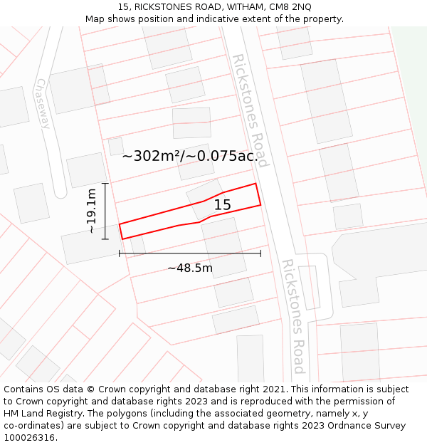 15, RICKSTONES ROAD, WITHAM, CM8 2NQ: Plot and title map