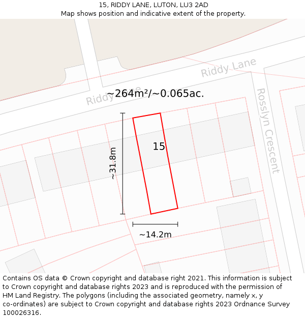 15, RIDDY LANE, LUTON, LU3 2AD: Plot and title map