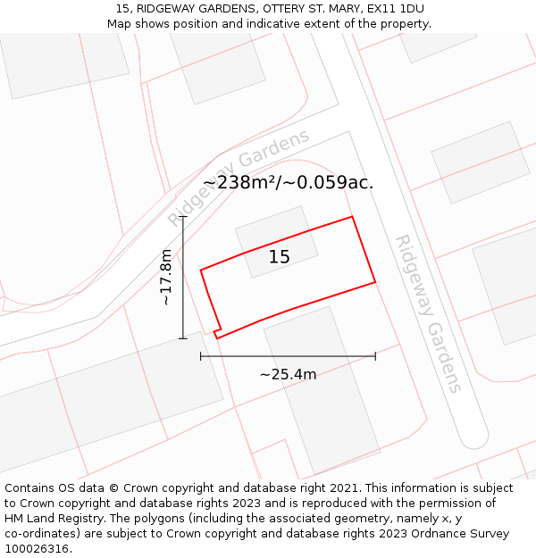 15, RIDGEWAY GARDENS, OTTERY ST. MARY, EX11 1DU: Plot and title map