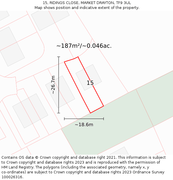 15, RIDINGS CLOSE, MARKET DRAYTON, TF9 3UL: Plot and title map