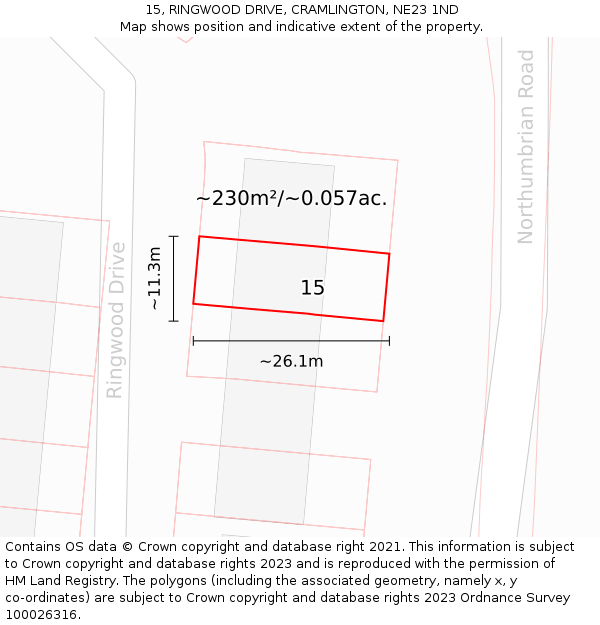 15, RINGWOOD DRIVE, CRAMLINGTON, NE23 1ND: Plot and title map