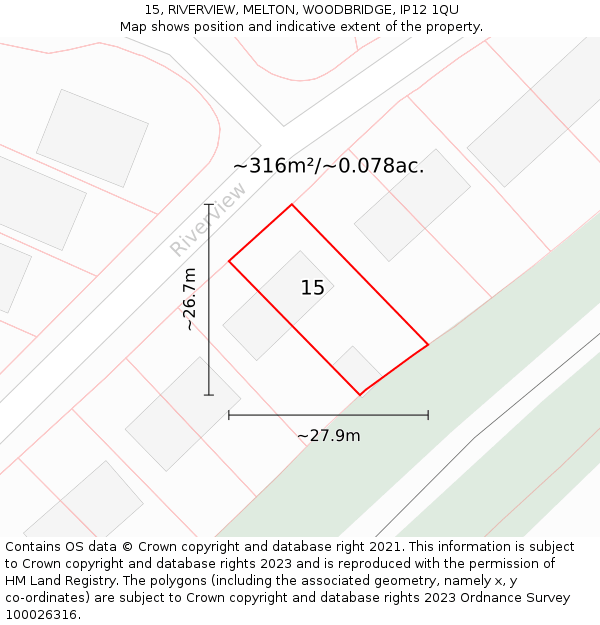 15, RIVERVIEW, MELTON, WOODBRIDGE, IP12 1QU: Plot and title map