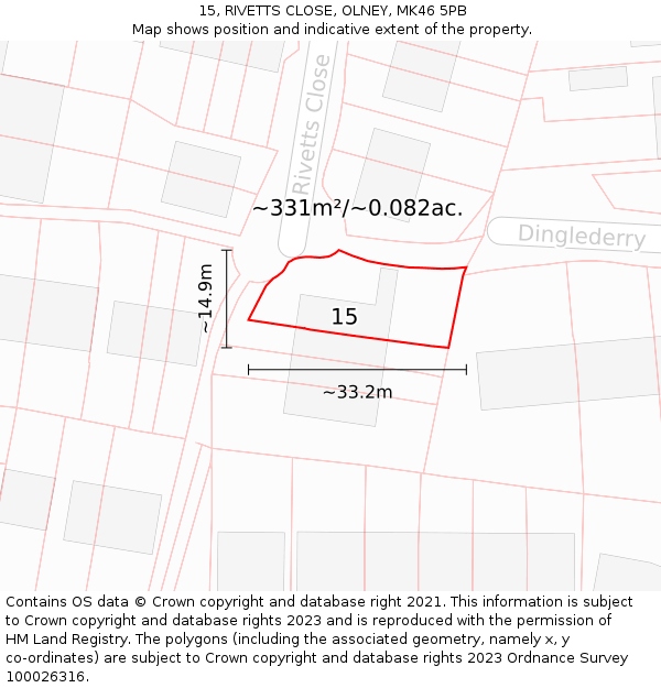15, RIVETTS CLOSE, OLNEY, MK46 5PB: Plot and title map