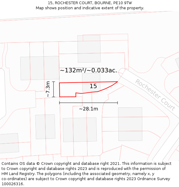 15, ROCHESTER COURT, BOURNE, PE10 9TW: Plot and title map