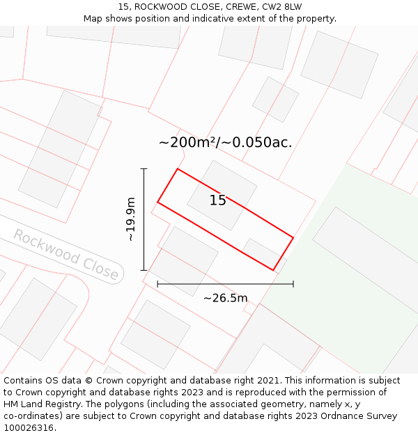 15, ROCKWOOD CLOSE, CREWE, CW2 8LW: Plot and title map