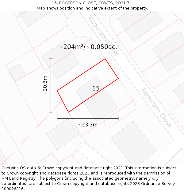 15, ROGERSON CLOSE, COWES, PO31 7UJ: Plot and title map